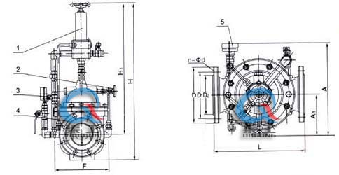 500X持壓泄壓閥 外形結(jié)構(gòu)圖(1、導(dǎo)閥2、針閥3、球閥4、主閥5、壓力表)